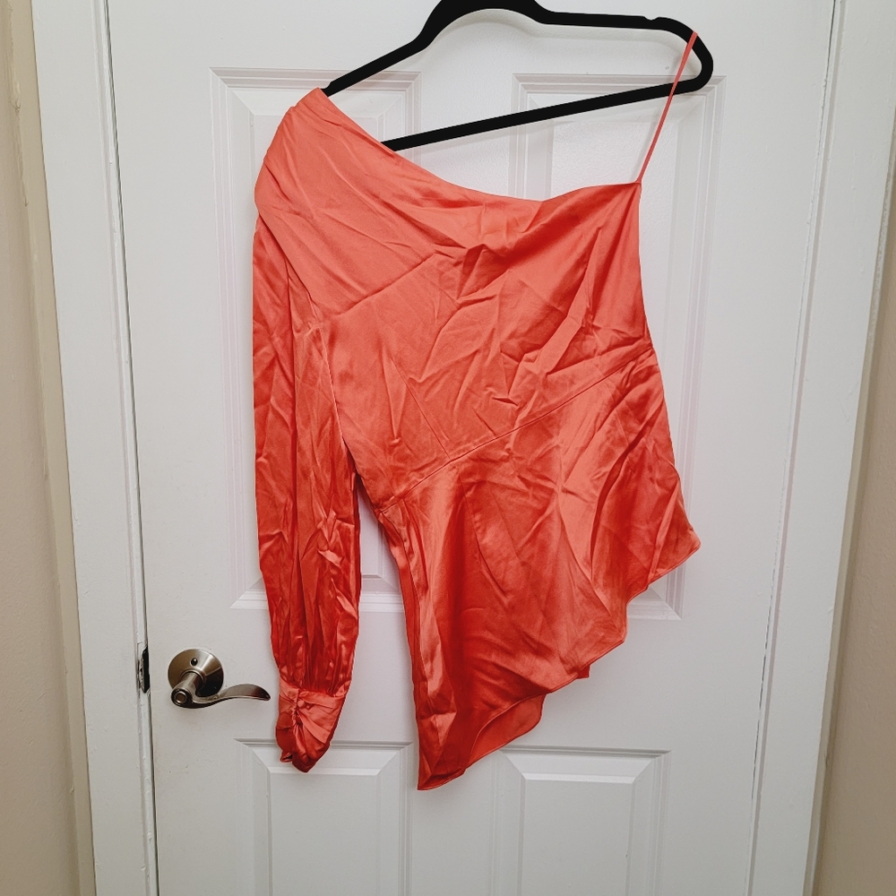 Cinq à Sept Stace one shoulder padded silk blouse in Neon Coral - Picture 8 of 10